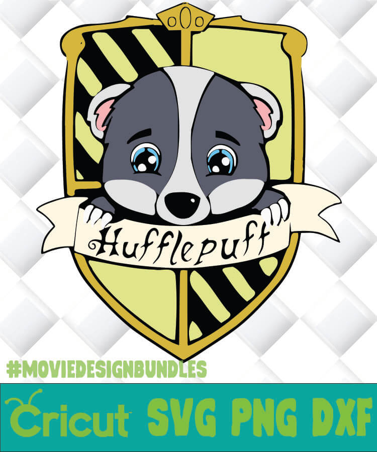 Cute cartoon badger in a Hufflepuff-style crest with banner reading "Hufflepuff", designed for craft cut files.