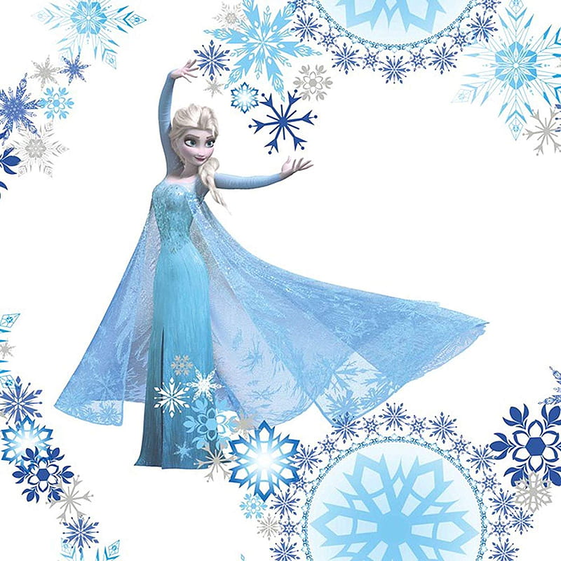Elsa from Frozen in a shimmering blue gown surrounded by intricate snowflakes, arms raised in magical gesture.