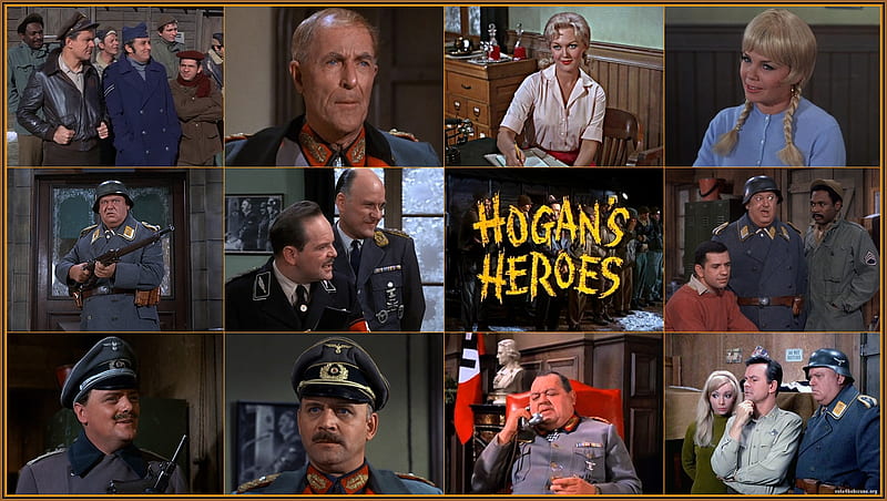 Collage of scenes from the TV series "Hogan's Heroes" featuring main characters in military uniforms and comedic moments.