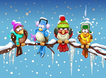Four cartoon birds wearing winter hats and scarves perched on a snowy branch with icicles and falling snow.