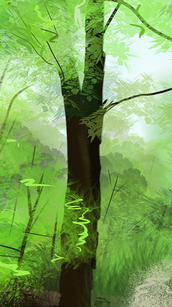 A vibrant green forest scene with a tall tree trunk, dappled sunlight, and swirling leaf patterns in an artistic digital painting style.