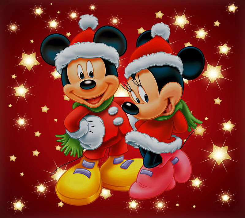 Mickey and Minnie Mouse in festive red outfits and Santa hats, smiling against a sparkling red background with golden stars.