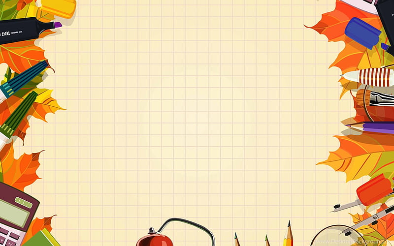 Autumn-themed study desk with colorful leaves, stationery, calculator, and grid paper background.
