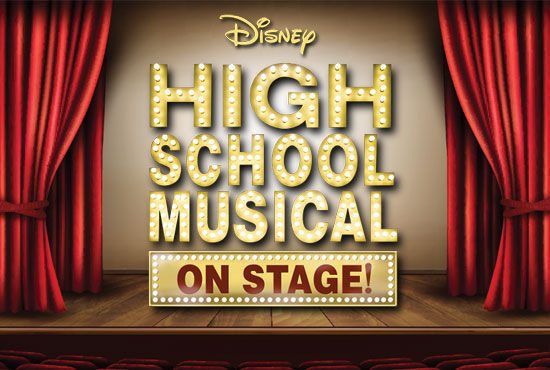 Disney High School Musical On Stage! marquee with red theater curtains and spotlighted lettering.