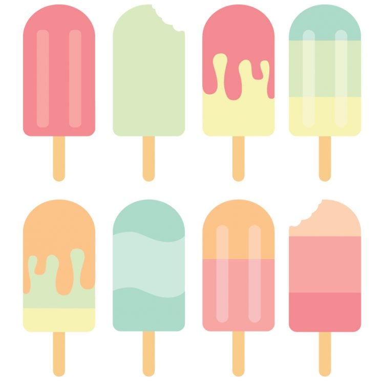 Eight colorful pastel popsicles in various flavors and styles, some bitten or melting, on white background.