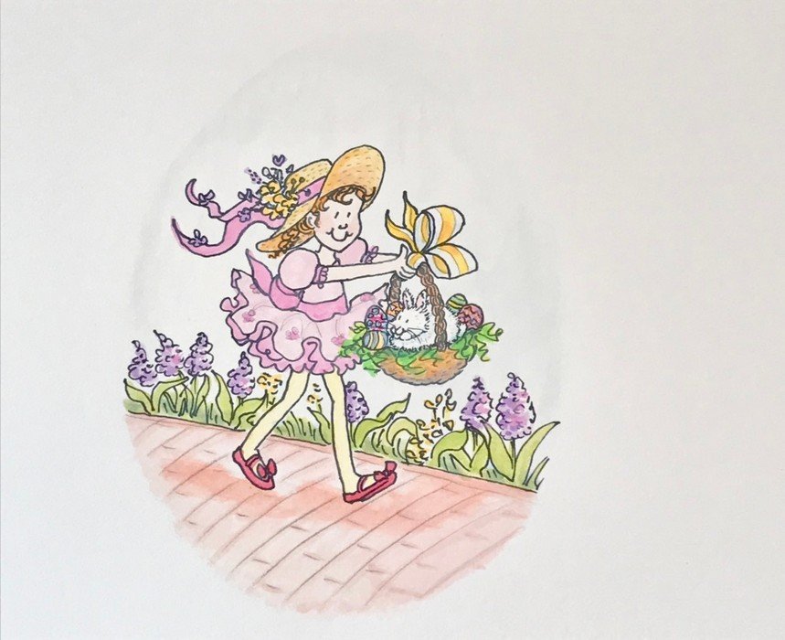A cheerful girl in a pink dress and straw hat carries an Easter basket with a bunny and colorful eggs through a garden path.