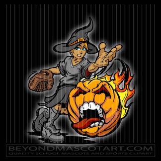A witch-themed baseball mascot holding a glove, pointing forward, beside a fiery, snarling jack-o'-lantern.