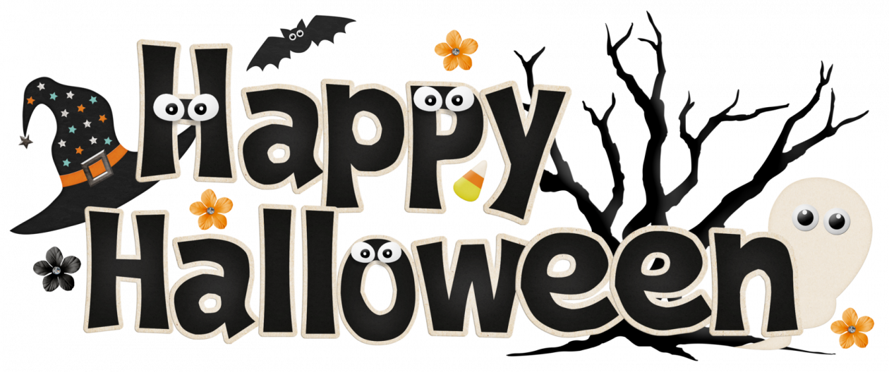 Playful "Happy Halloween" text with cartoon eyes, witch hat, ghost, bat, and flowers on black background.