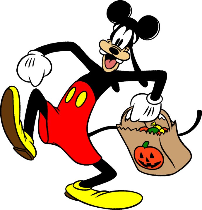 Mickey Mouse joyfully running with a Halloween candy bag featuring a jack-o'-lantern.