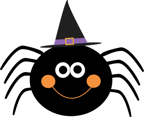 Friendly black cartoon spider wearing a purple-trimmed witch hat with a smiling face and orange cheeks.