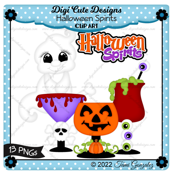 Cute Halloween clip art set featuring ghost, jack-o'-lantern, spooky drinks, skull, and eyeballs-13 PNGs by Digi Cute Designs.