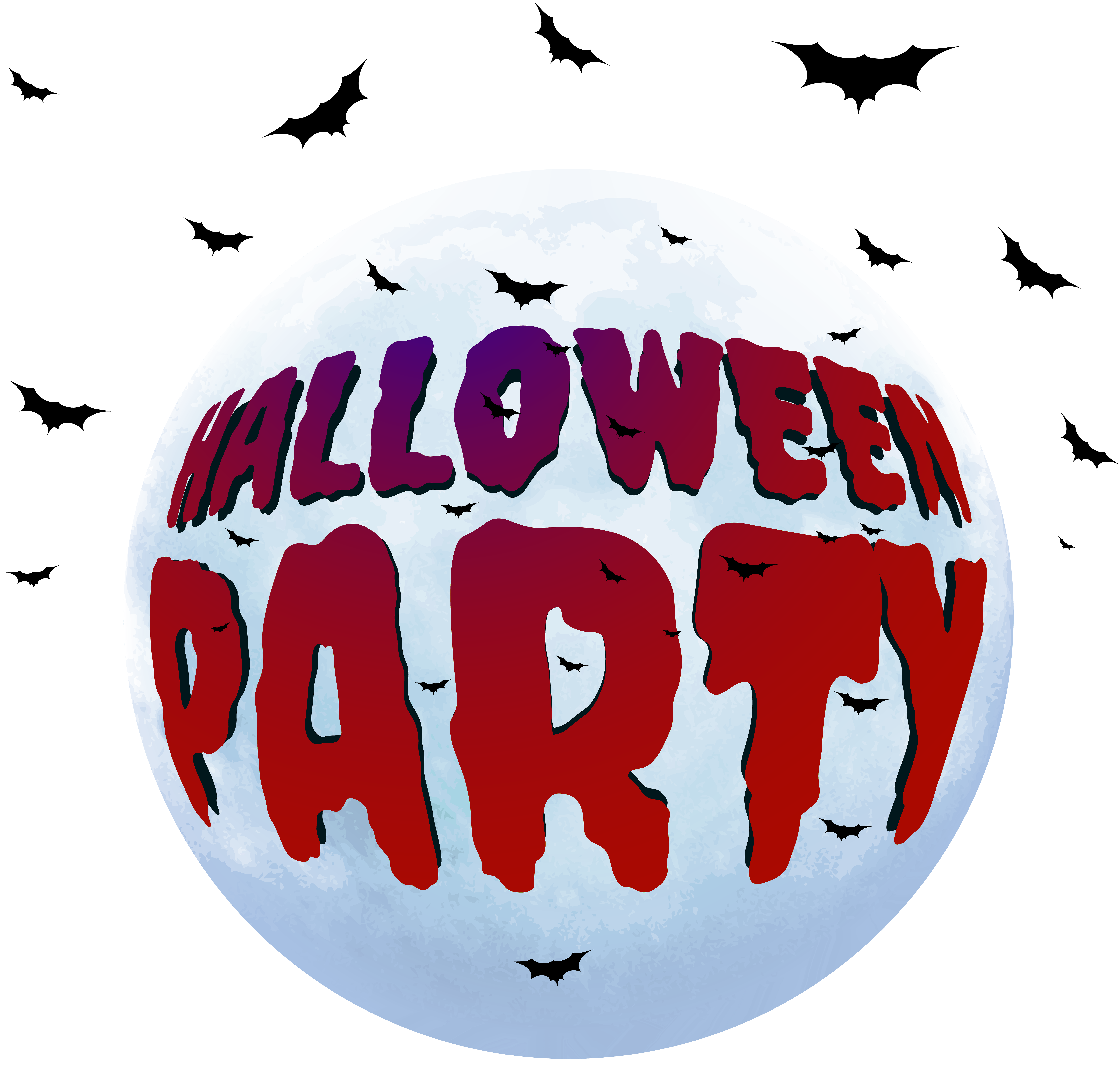 Halloween Party graphic with dripping red and purple text over a full moon, bats flying, and jagged black banners above.