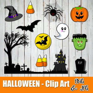 Halloween-themed clip art set including witch hat, candy corn, spider, pumpkin, bat, ghost, Frankenstein, haunted house, tombstone, and bare tree.