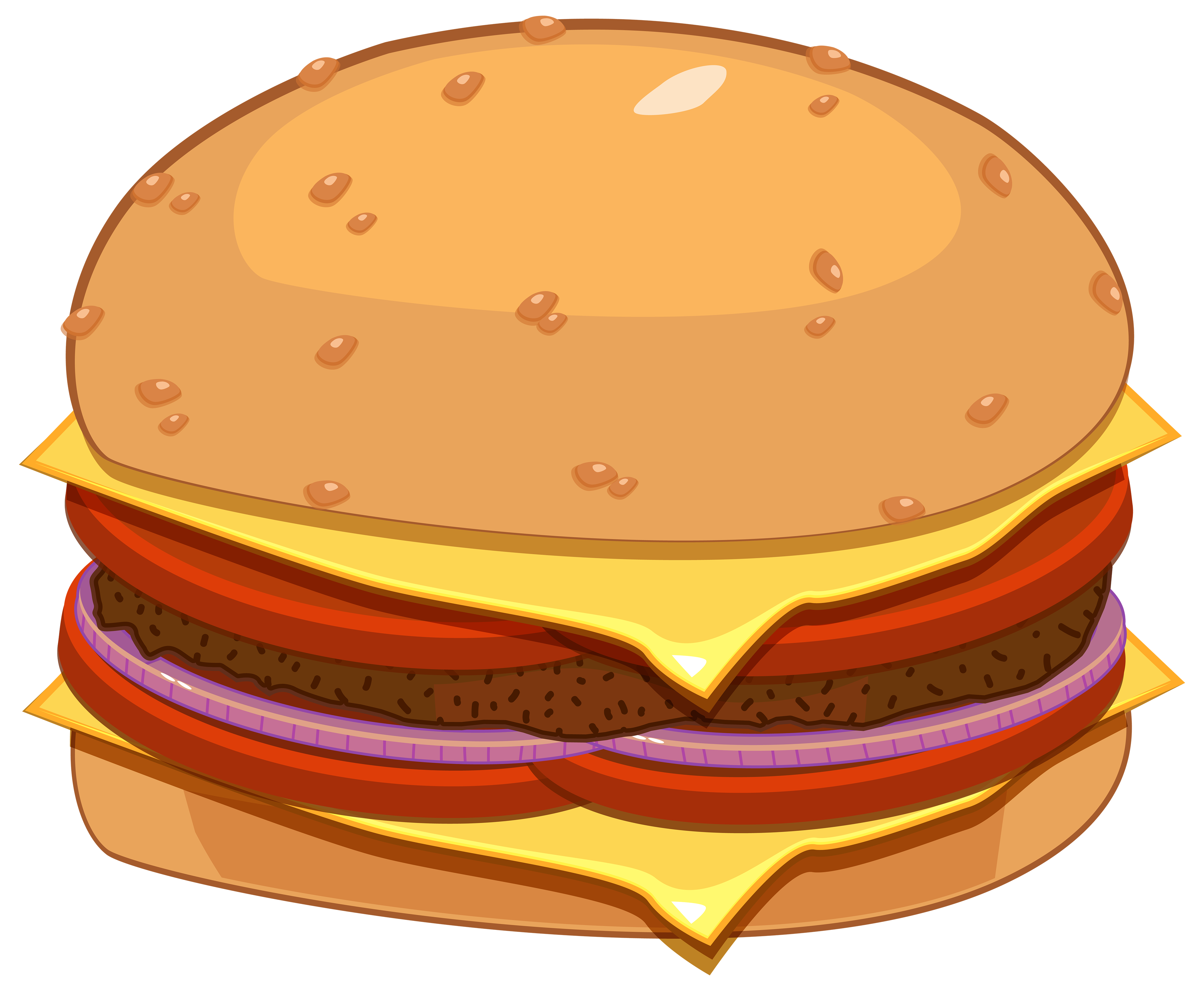 A cartoon-style double cheeseburger with sesame seed buns, melted cheese, beef patties, tomato, and onion layers.