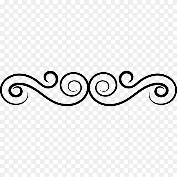 Black ornamental scrollwork divider with symmetrical swirls on transparent background
