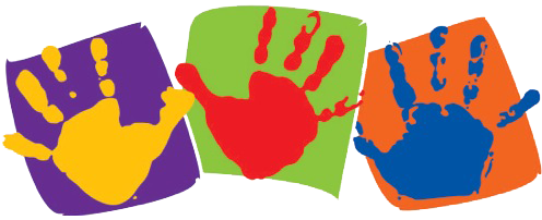 Three colorful handprints-yellow on purple, red on green, blue on orange-arranged side by side in a playful, child-friendly design.