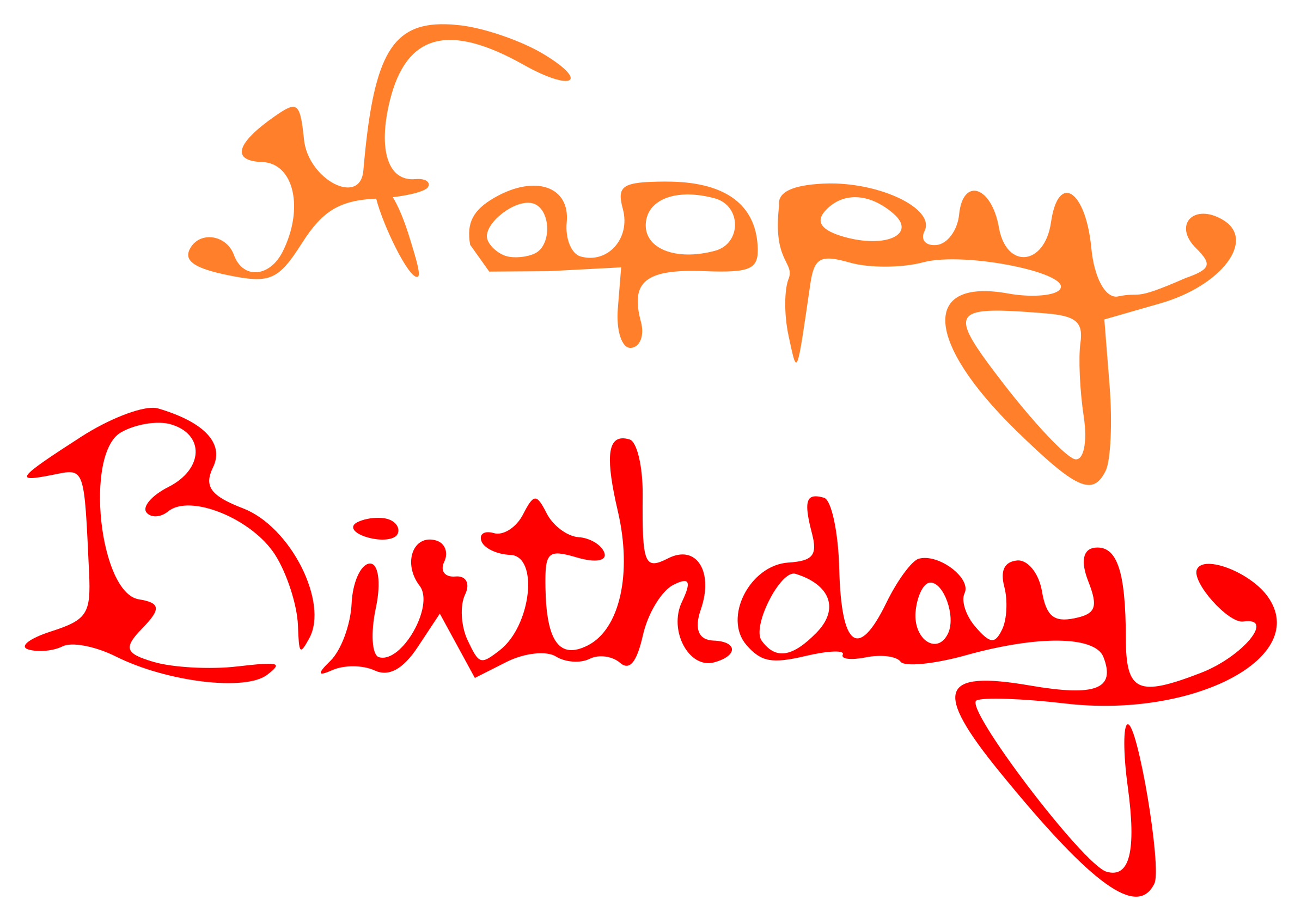 Orange and red stylized "Happy Birthday" text on black background in flowing script font.