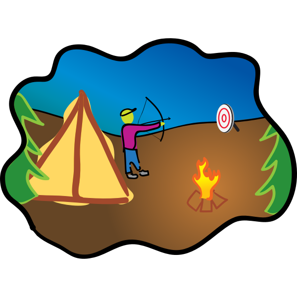 A cartoon camper practices archery near a tent and campfire under a blue sky.