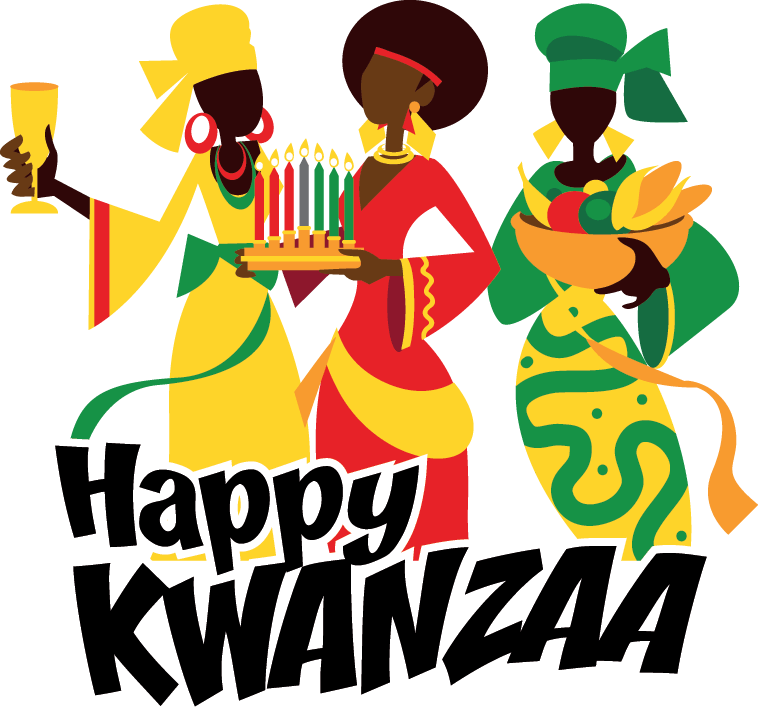 Three women in vibrant African attire celebrating Kwanzaa with kinara, fruit basket, and cup of unity.