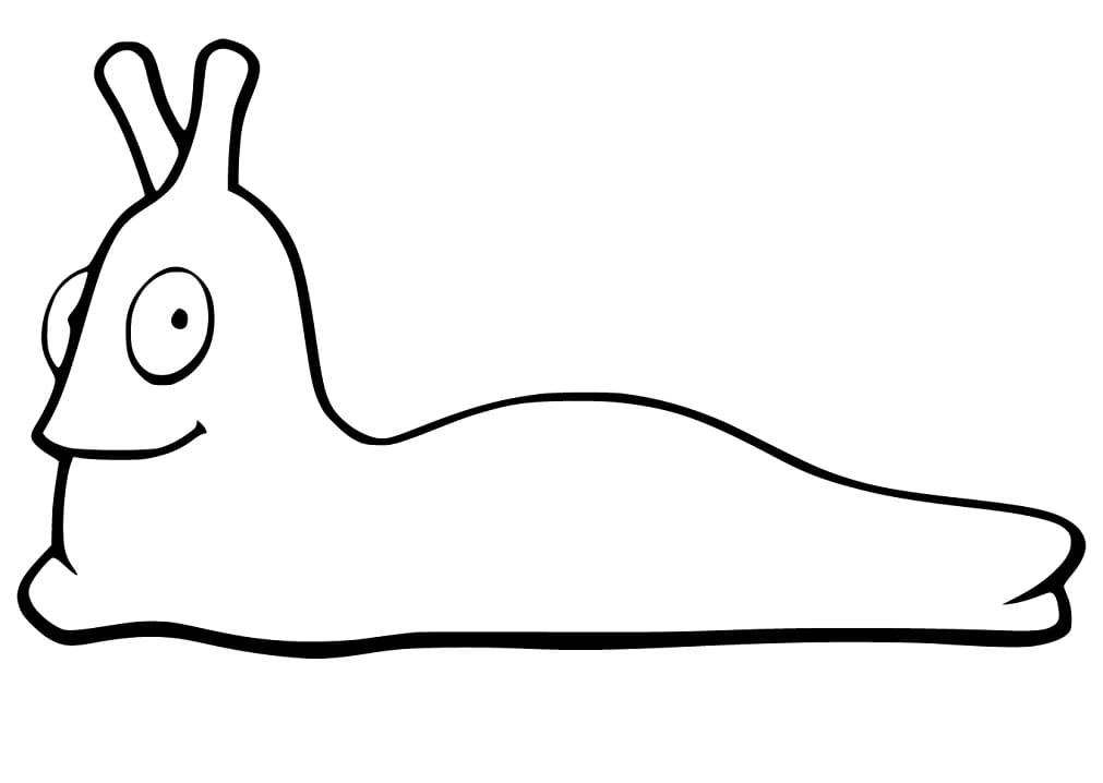 Cartoon-style black-and-white line drawing of a smiling slug with two antennae and large eyes.