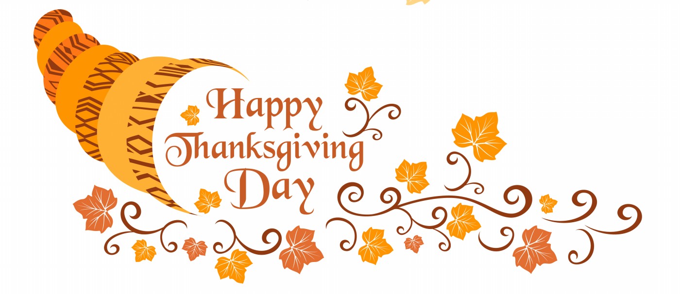 Decorative Thanksgiving banner with cornucopia, autumn leaves, and "Happy Thanksgiving Day" text in warm fall colors.