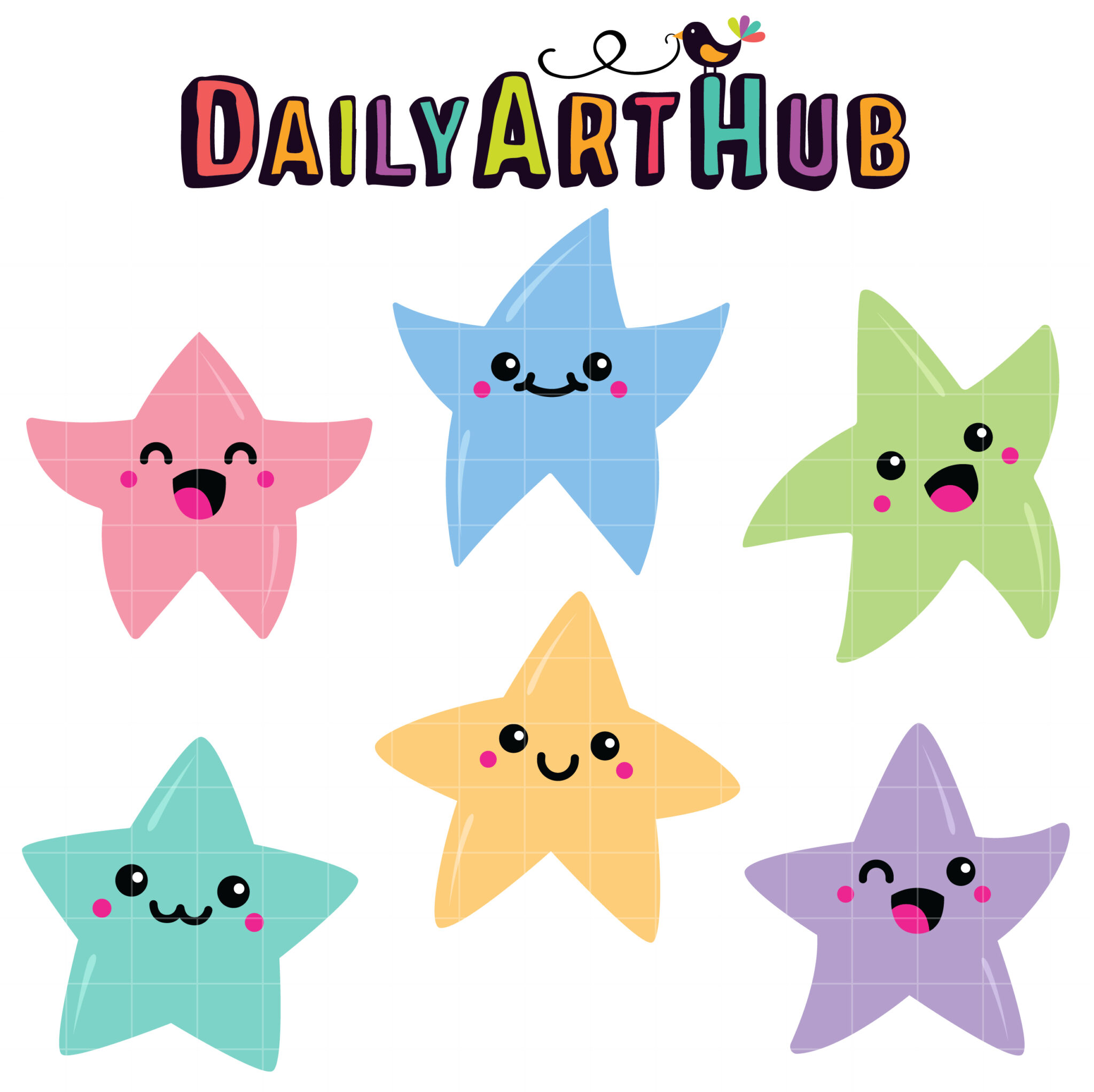 Six colorful kawaii-style stars with expressive faces and blush cheeks, under a "DailyArtHub" logo with a bird illustration.