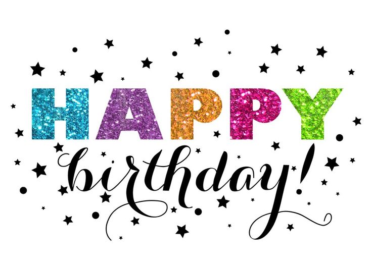 Colorful glittery "HAPPY" text with cursive "birthday!" surrounded by black stars on white background.