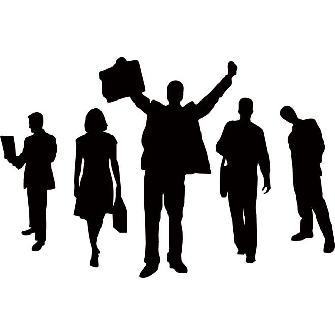 Silhouette of five business professionals; one celebrating with raised arms and briefcase, others in various work poses.