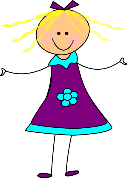 Smiling cartoon girl with blonde pigtails, purple dress with blue flower, and bow.