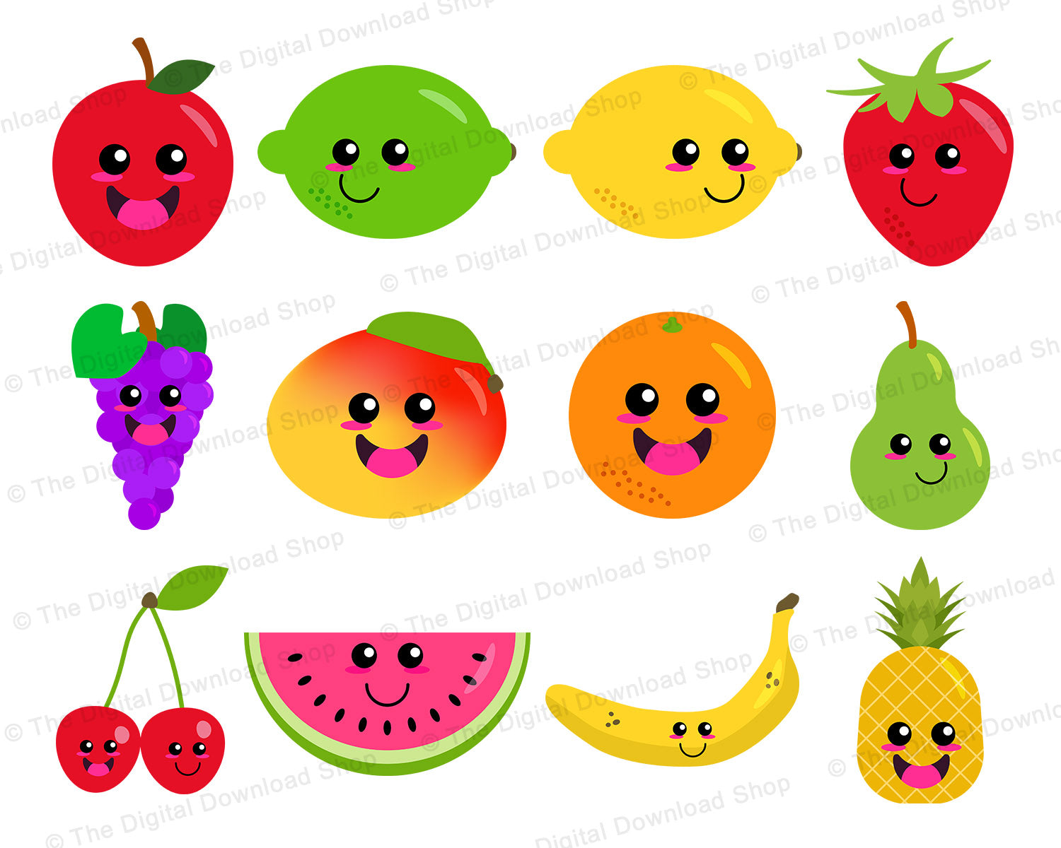 Cute kawaii-style fruit characters with smiling faces including apple, lime, lemon, strawberry, grapes, mango, orange, pear, cherries, watermelon, banana, and pineapple.