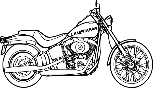 Black-and-white line drawing of a cruiser-style motorcycle labeled "CAMERAFAN" on the fuel tank.