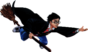 Harry Potter flying on a broomstick in his Hogwarts uniform, glasses askew, arm outstretched.