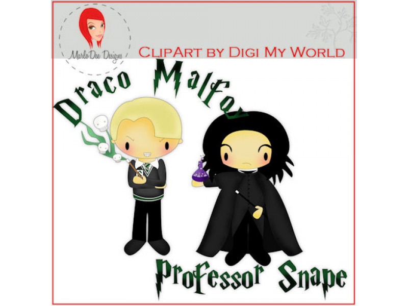 Chibi-style Draco Malfoy and Professor Snape holding wands and potions, illustrated by Digi My World.