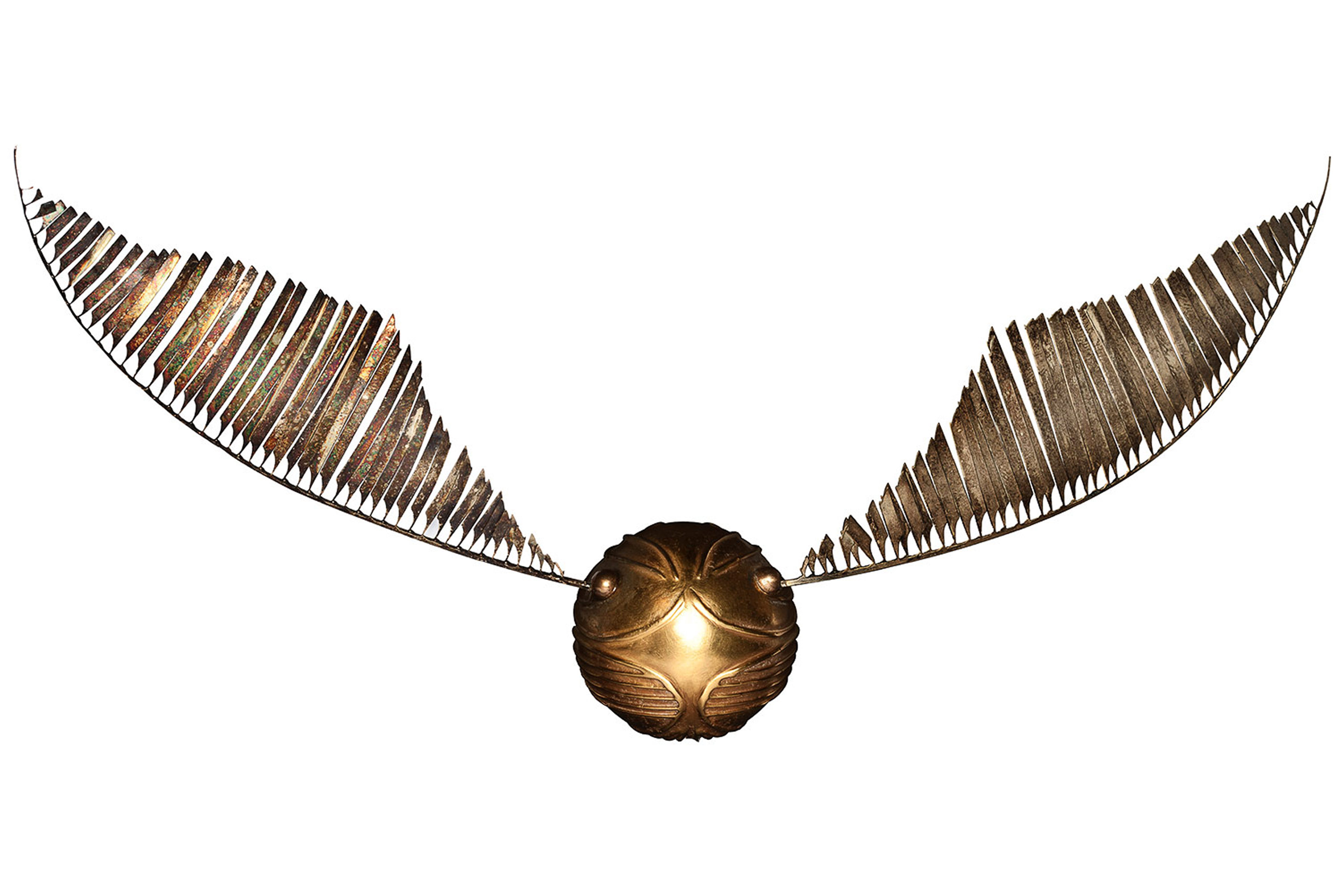 Golden Snitch from Harry Potter with metallic wings spread wide, detailed bronze-gold finish and expressive eyes.