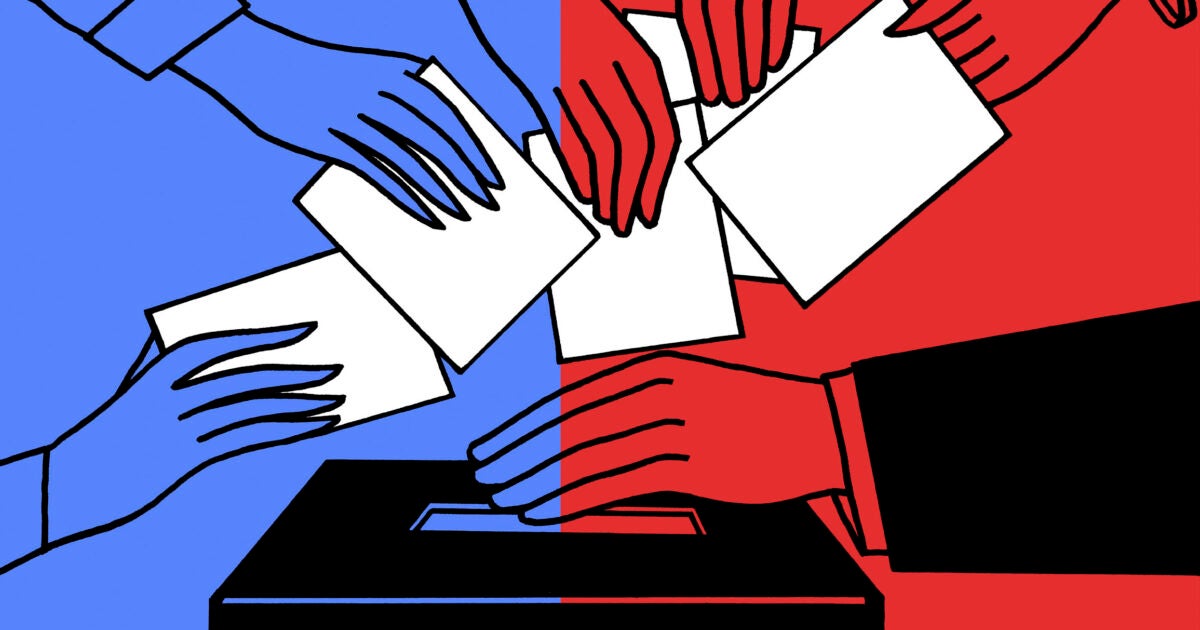 Blue and red hands casting ballots into a divided ballot box, symbolizing political polarization in voting.