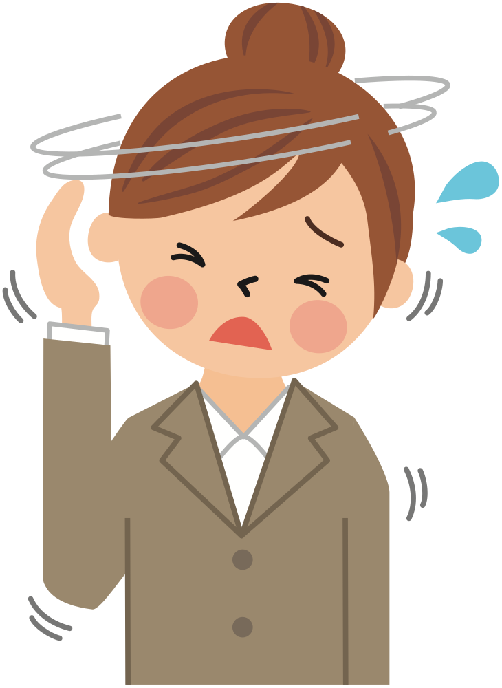 Stressed businesswoman with dizzy swirls, sweat drops, and raised hand, showing overwhelm or anxiety.