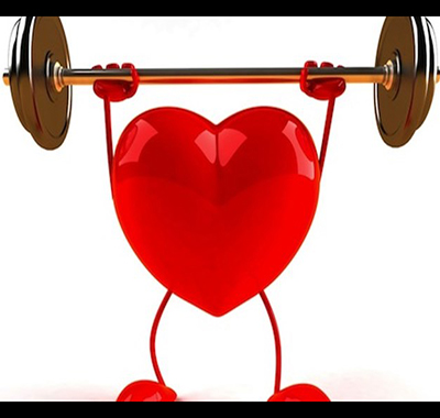 A glossy red cartoon heart with arms and legs lifting a barbell, symbolizing heart health and strength training.