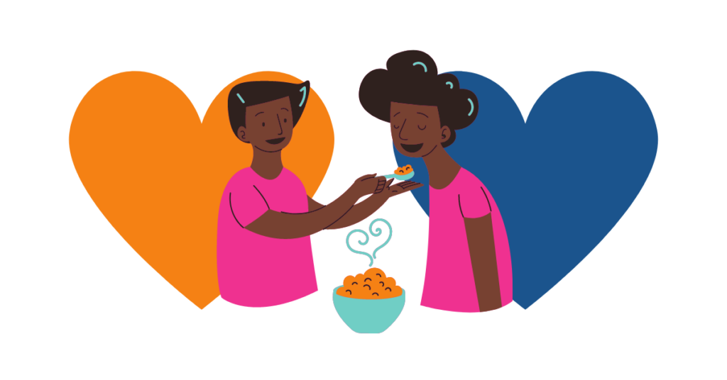 Two people sharing a warm, steaming bowl of food with hearts in the background, symbolizing care and nourishment.