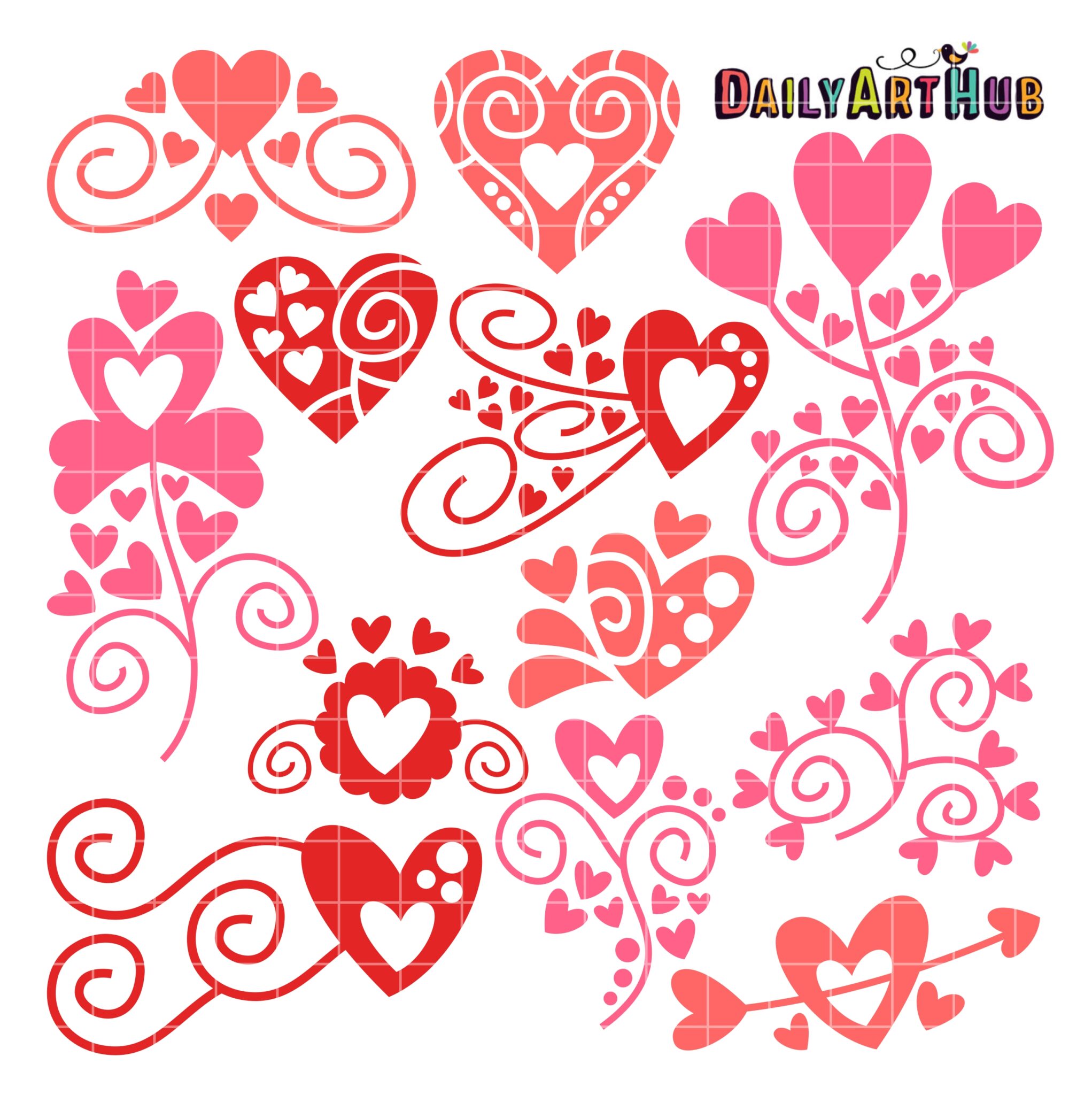 Collection of decorative heart clipart in red and pink with swirls, floral motifs, and Valentine’s Day themes.