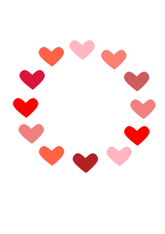 A circular arrangement of colorful heart shapes in varying shades of red, pink, and coral against a black background.