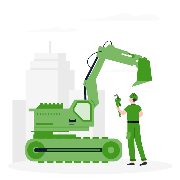 Green construction worker holding wrench beside excavator with city skyline background.