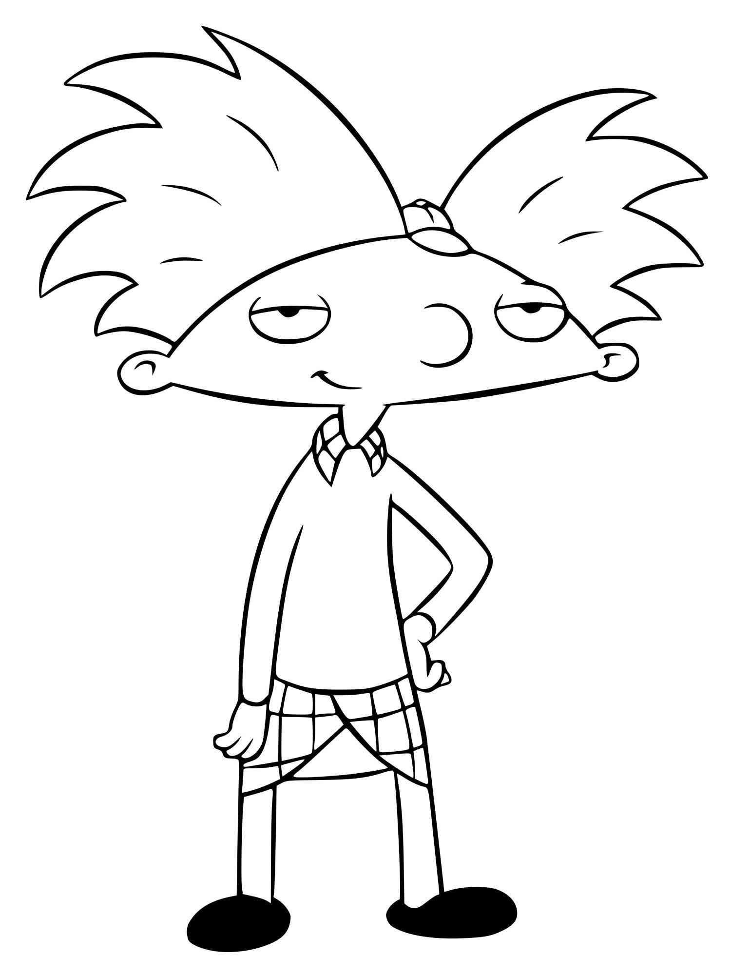 Arnold Shortman from Hey Arnold! in black-and-white line art, standing confidently with hands on hips and signature spiky hair.