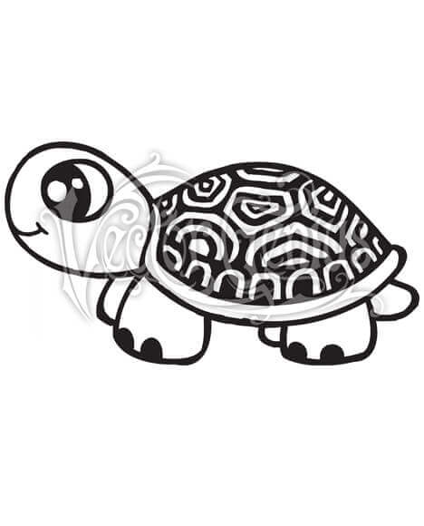 Cute cartoon turtle with large eyes and patterned shell, black-and-white line art illustration.