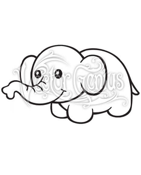 Cute cartoon baby elephant lying down with trunk raised, smiling, black-and-white line art illustration.