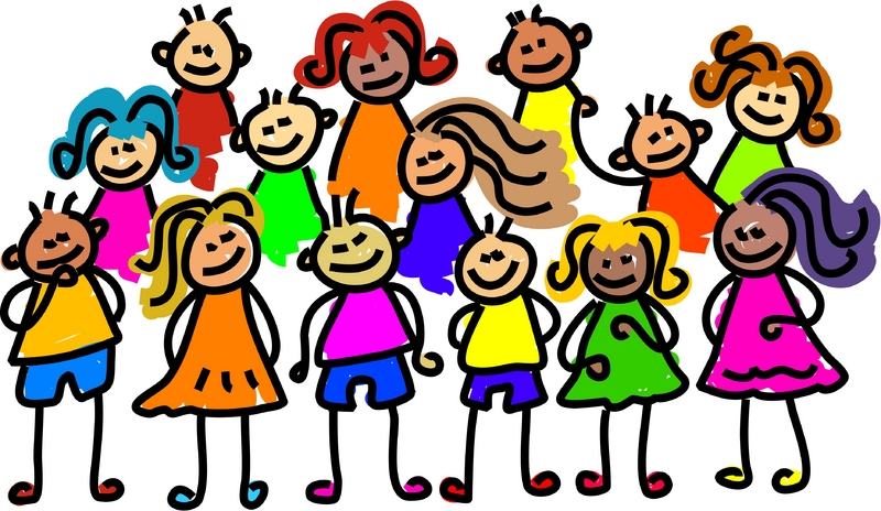 Colorful cartoon children of diverse ethnicities and hairstyles smiling together in a group.