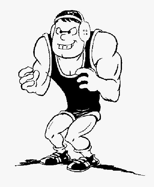 Cartoon wrestler in singlet and headgear, crouching with fierce grin and muscular build.