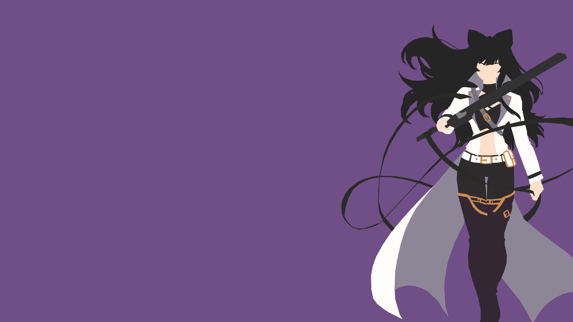 Stylized anime character with long black hair, cat ears, and a whip, standing against a purple background.