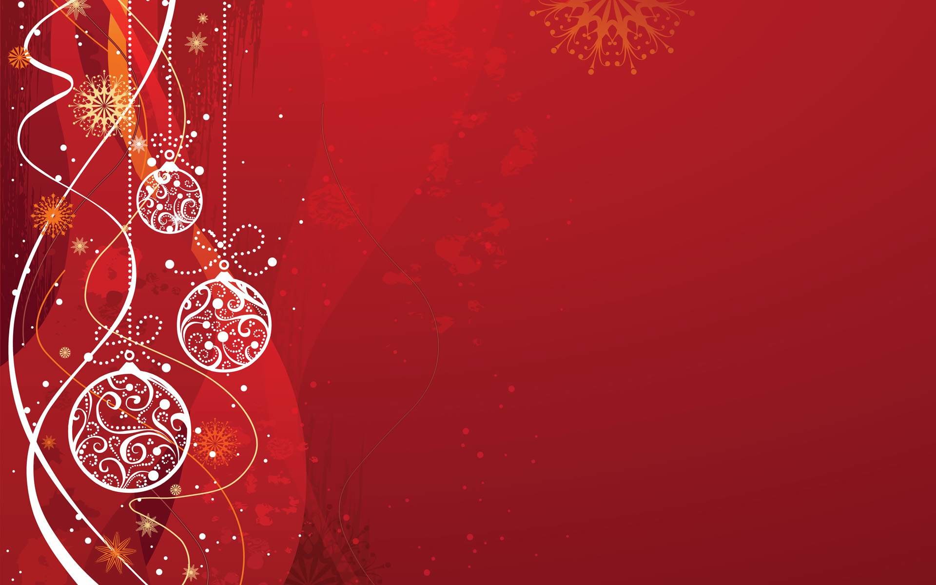 Festive red holiday background with ornate white Christmas ornaments, snowflakes, and swirling ribbons.