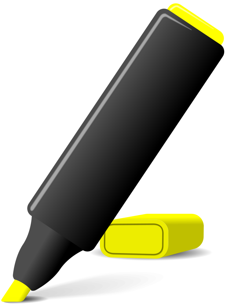 A yellow highlighter pen with black barrel, cap off, lying diagonally on transparent background.