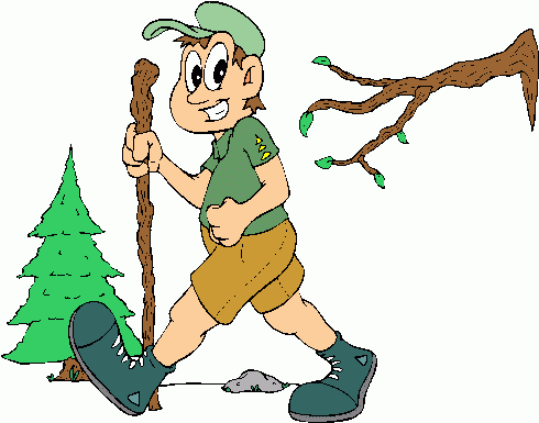 A cheerful cartoon boy hiking with a wooden stick, wearing a green cap, shirt, and boots, near a pine tree and branch.